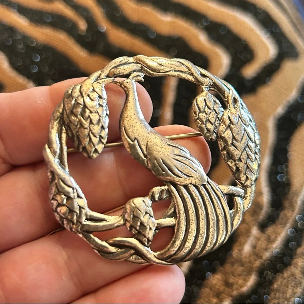 Antique art deco Sterling Danecraft peacock brooch pin